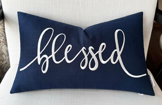 EURASIA DECOR Blessed Embroidered Lumbar Pillow Cover 12x20, Navy Blue | Raised ivory script on navy blue; scripture faith gift, cotton, hidden zip, solid back, cover only