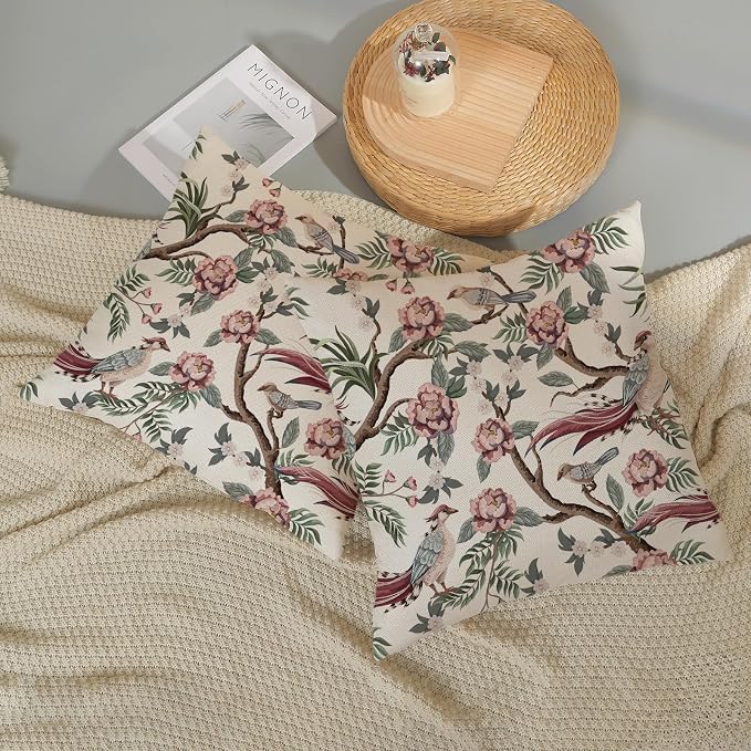 Chinoiserie Pillow Covers 18x18 Set of 2 Pink Green Bird Floral Throw Pillows Vintage Pink Flower Bird Decorative Pillow Cases Chinoiserie Decor Farmhouse Outdoor Cushion Case for Couch Sofa