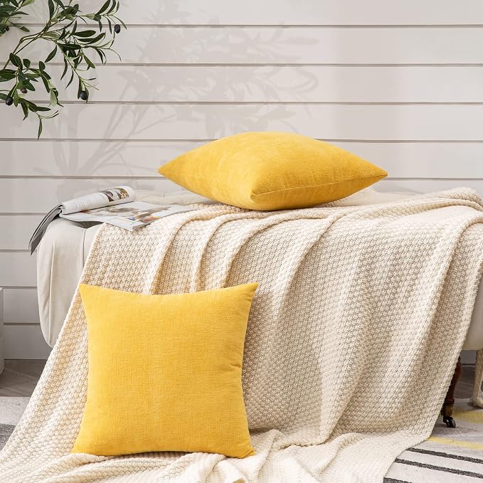 GAWAMAY Decorative Throw Pillow Covers 16x16 Inch Set of 2, Super Soft Chenille Square Pillows Farmhouse Fall Pillowcase for Living Room Bedroom Sofa Couch Cushion Cover Mustard Yellow 40x40cm