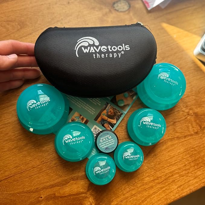 Wavetools Therapy Glide Silicone Sport Cupping Set of Mushroom Cups in case with Balm Ideal for Massage, myofascial Release, Circulation and Scars. (Translucent Teal Finish, 6 Pack in case)
