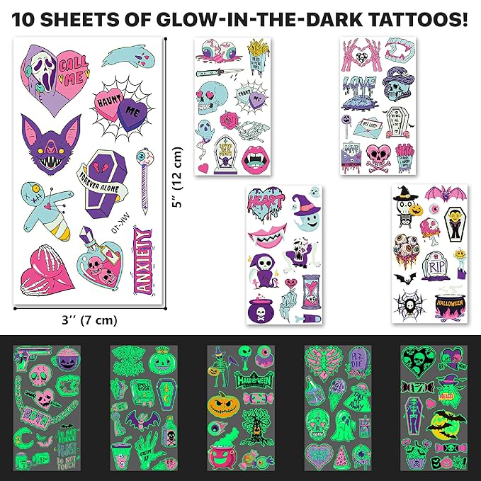 X-Protector Halloween Tattoos for Kids - Giant Pack of Temporary Tattoos - Fake Halloween Tattoos Gifts - Glow in the Dark Spooky Party Favors - Bulk Halloween Goody Bag Fillers!