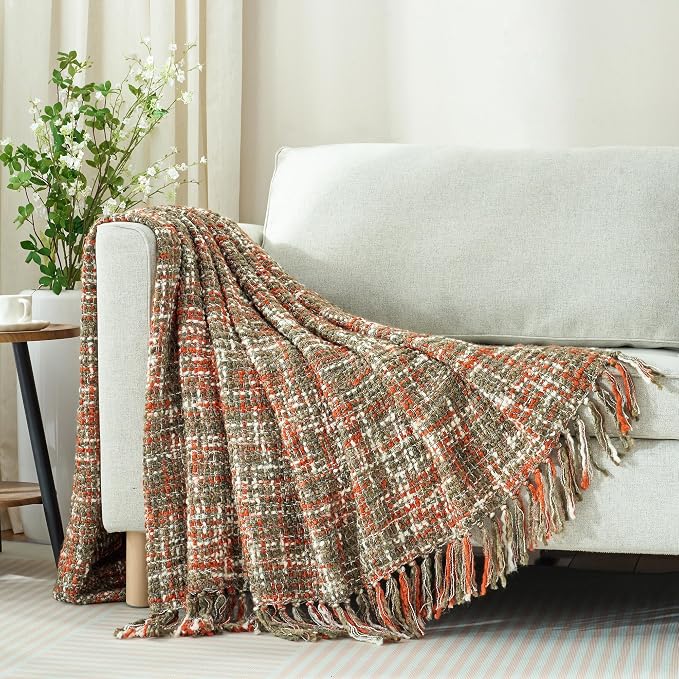 Multi-Color Cable Woven Throw Blanket for Couch - 60"X80" | Multicolored Boho Style,Super Soft Warm Cozy Chunky Blankets with Decorative Tassels for Bed and Sofa,Orange