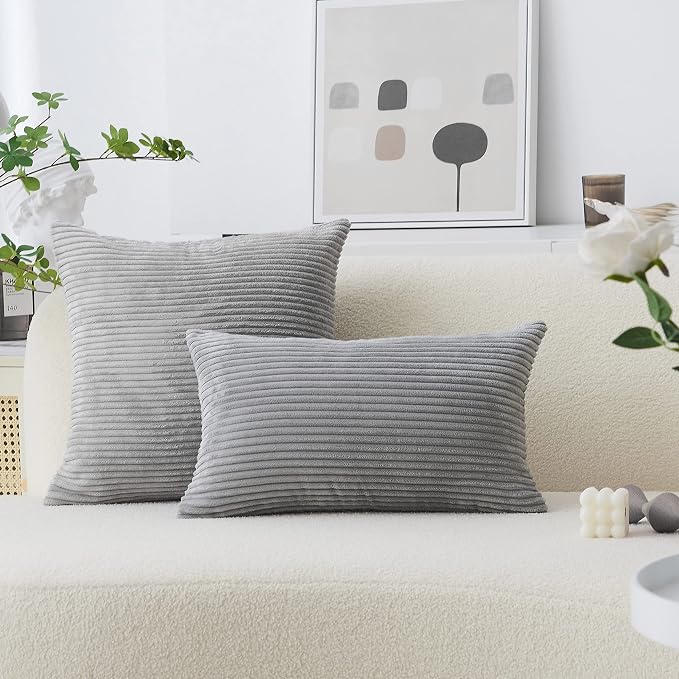 Home Brilliant Throw Pillow Cover 20x20 Soft Plush Striped Pillow Cover Neutral Grey Corduroy Pillow Case for Chair Living Room Furniture Decor, 20 x 20 inch (50cm), Light Grey