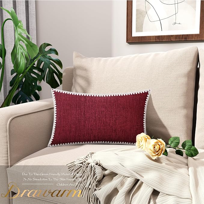 BRAWARM Chenille Throw Pillow Covers 12x20 Inches, Burgundy, 2 Pack | Decorative Lumbar Pillow Covers with Shell Edge, Soft Cushion Cases for Sofa Bed Living Room Home Farmhouse (No Insert)