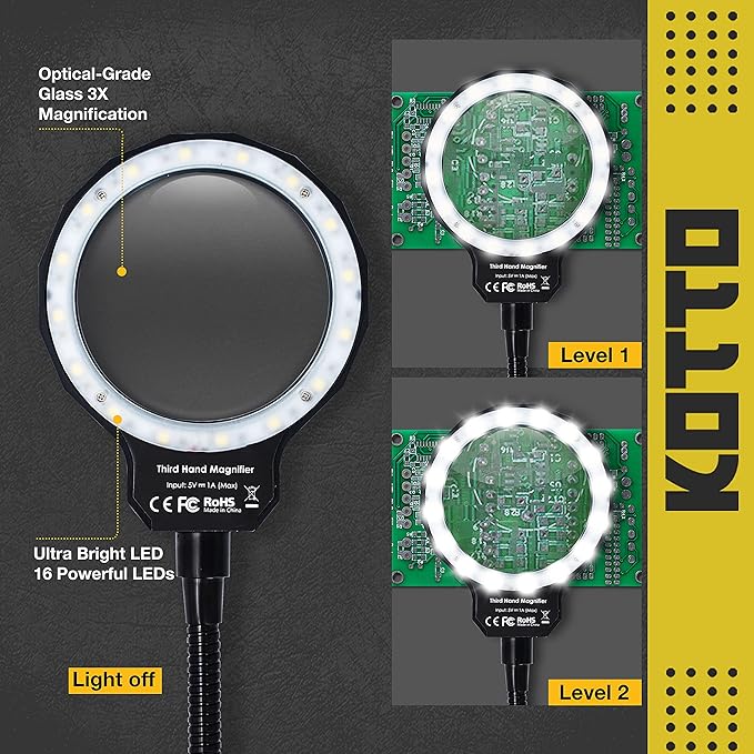 KOTTO LED Lighted Magnifying Third Hand Soldering PCB Holder Tool Five Arms Helping Hands Crafts Jewelry Hobby Workshop Helping Station Non-slip weighted base, LED Lamp