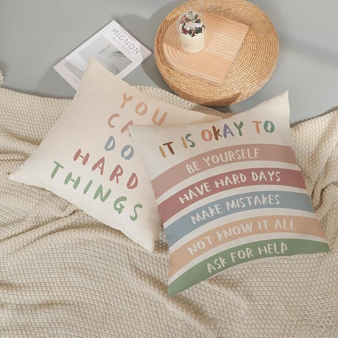 Boho Classroom Pillow Covers 18x18 Inch Set of 2 Preppy Throw Pillows Aesthetic Boho Rainbow Decor Inspirational Quotes Pillowcase Linen Outdoor Decorations Girl Kids Cushion Case for Bed Room