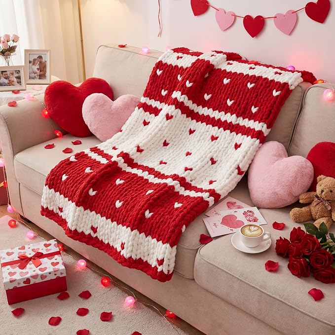 Valentine's Day Heart Chunky Knit Throw Blanket 50" x 60",Red | Large Handmade Chenille Loop Yarn Fluffy, Soft Knitted Throw, Big Cozy Thick Cable Knit Crochet Blanket, for Couch Sofa Bed