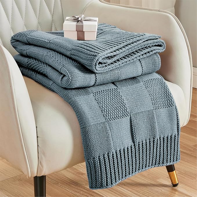 CozeCube Dusty Blue Knitted Checkered Throw Blanket 60"X80" | Check Knit Throw for Couch, Decorative Christmas Soft Cozy Warm Blanket for Bed Sofa Living Room