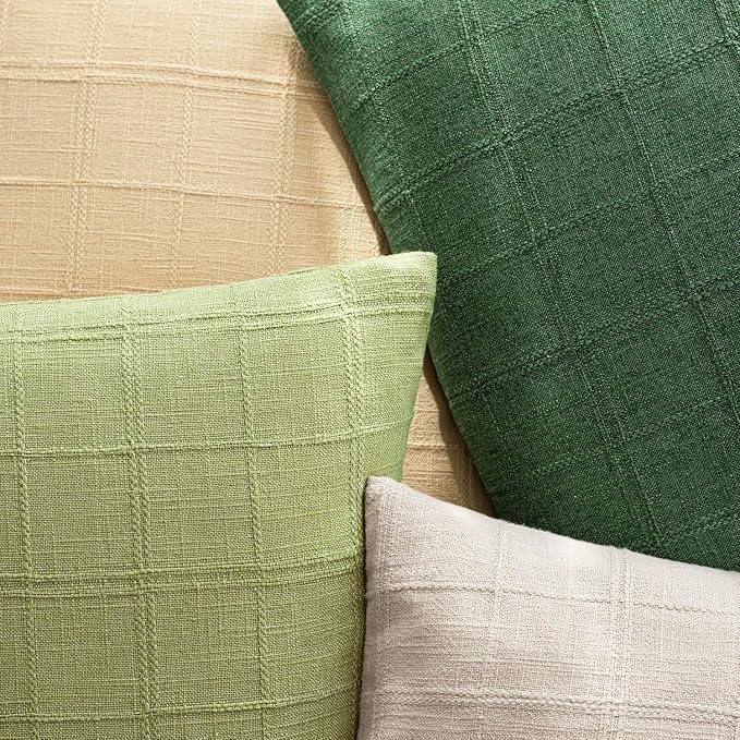 Foindtower Set of 2 Decorative Linen Check Throw Pillow Covers Neutral Farmhouse Vintage Cushion Covers Modern Boho Accent Home Decor for Sofa Chair Couch Bedroom Living Room,16×16 Inch,Forest Green