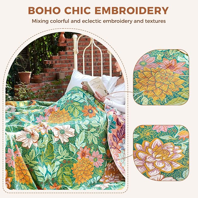 LUTBM Boho Throw Blanket for Bed 60"x80", All Season Cotton Couch Blankets | Green Reversible Floral Jacquard, Muslin Twin Quilt, For Chair Sofa Living Room Decor, Lightweight & Breathable 4-Layer Gauze