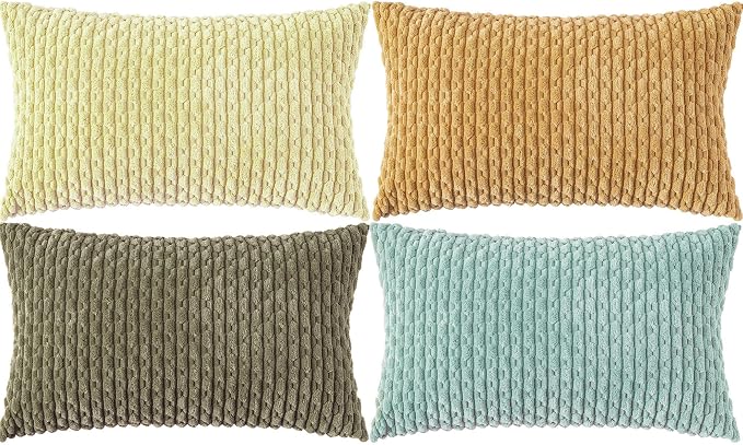 Set of 4 Yellow Olive Aqua Decorative Throw Pillow Covers 12x20 Inch Corduroy Pillow Covers for Bed Couch Sofa Living Room Soft Cushion Cases