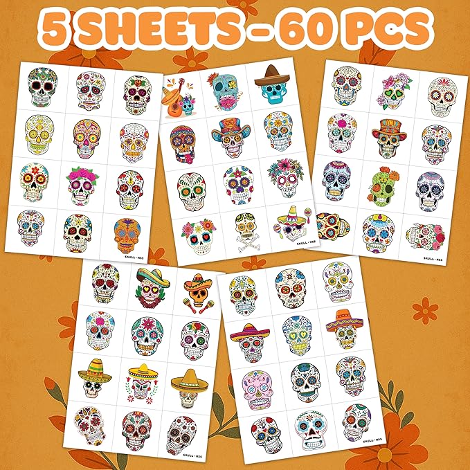 Skull Temporary Pre-Cut Tattoos for Kids – 60 PCS (5 Sheets) Fiesta Sugar Skull Party Favors, Mexican Day of the Dead Decorations, Cute Stickers for Baby Girls Boys, Classroom School Carnival Supplies