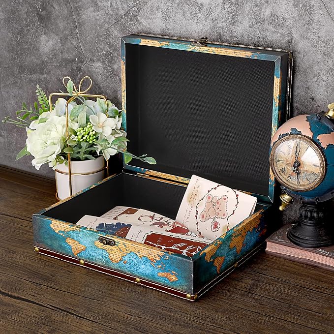 ELLDOO Decorative Treasure Chest Box, Wooden + PU Leather Storage Box for Jewelry Trinkets Photos, Rectangular Keepsakes box for Girls Women Gifts, Green Map Pattern