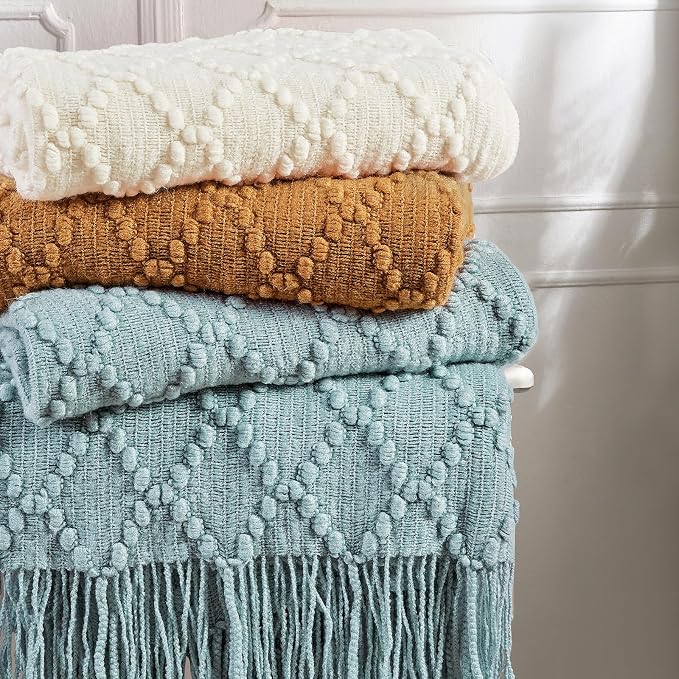 BOURINA White Throw Blanket 50 x70 Inch Jacquard Throw Knitted Blanket | Jacquard Argyle Throw Textured Solid Soft Throws and Blankets for Sofa or Bed Knitted Decorative Blanket