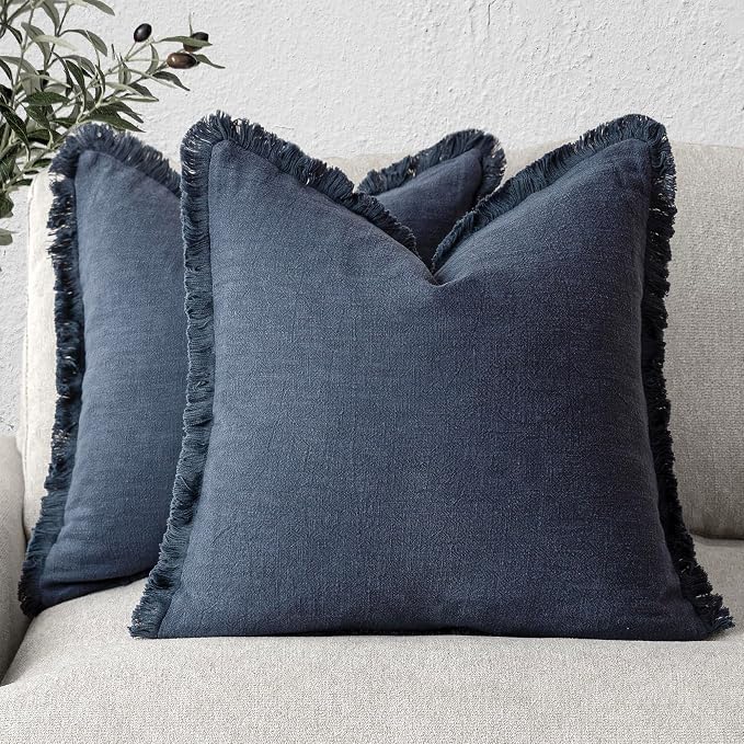 Foindtower Set of 2 Decorative Linen Fringe Throw Pillow Covers Cozy Boho Farmhouse Cushion Cover with Tassels Soft Accent Pillowcase for Couch Sofa Bed Living Room Home Decor, 24×24 Inch, Navy Blue