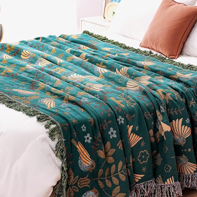 VANJOROY Boho Throw Blanket, 100% Organic Cotton Breathable Ultra Soft 80" x 90" Bed Quilt Throw - Floral Rustic Bird Farmhouse Decor Luxury Reversible Blanket for Sofa Couch Chair and Gift,Teal/Beige