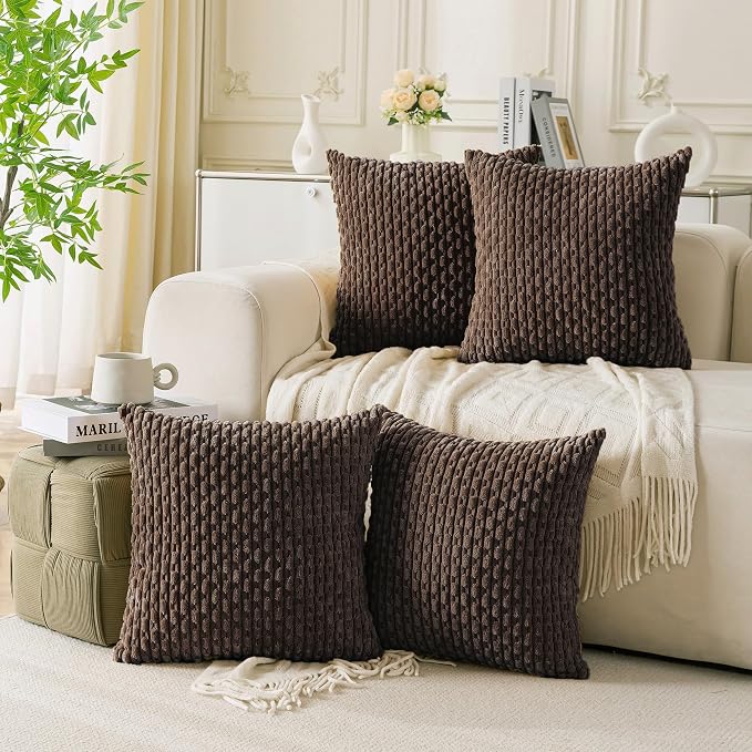 Set of 4 Dark Brown Decorative Throw Pillow Covers 20x20 Inch Corduroy Pillow Covers for Bed Couch Sofa Living Room Soft Square Cushion Cases