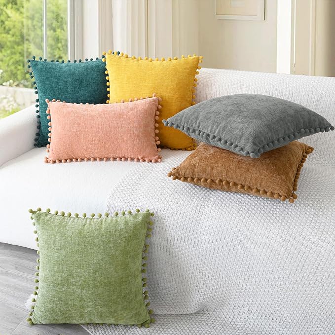 CaliTime Decorative Couch Throw Pillow Covers 16 X 16 Inches Teal | Pack of 2, Cozy Chenille Cushion Cases, with Pom Poms for Sofa Bed Living Room Farmhouse Home