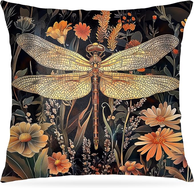 Rustic Autumn Floral Dragonfly Pillow Covers 18x18,Dragonfly Gifts for Women,William Morris Inspired Vintage Dark Cottagecore Floral Botanical Decor Throw Pillow Covers for Home Living Bedroom.