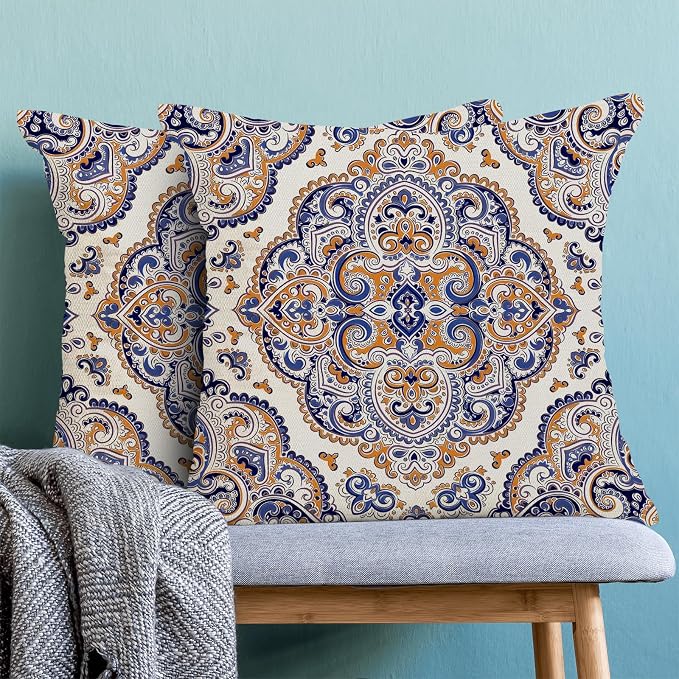 Navy Blue Boho Pillow Covers 18x18 Inch Set of 2,Burnt Orange Carpet Pattern Throw Pillows Case,Ethnic Design Retro Outdoor Decorative Square Linen Farmhouse Decor Cushion Covers for Sofa Couch