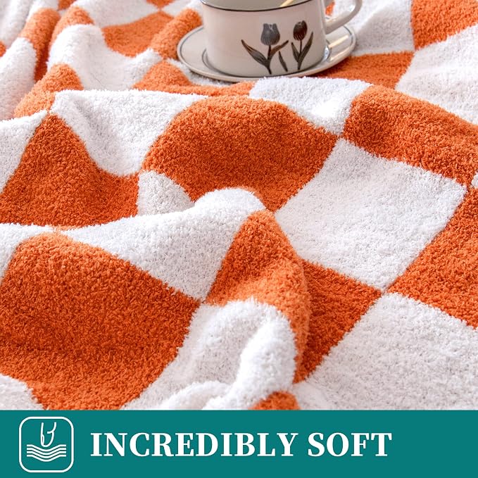 SeaRoomy Fuzzy Checkered Throw Blanket for Couch,Orange 51"X63" | Warm,Cozy,Fluffy,Lightweight,Gift for Women Couch Sofa Bed Room Home Decor
