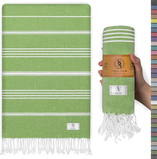 Ossano Turkish Beach Towel Absorbent & Lightweight Oversized (39" x 71") - Quick Dry, Versatile and Functional as Yoga Mat, Picnic Blanket, Travel Blanket, Bath, Gym, Camping Towel - Pistachio Green