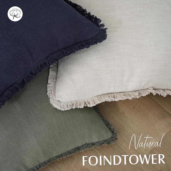 Foindtower Lumbar Decorative Linen Fringe Throw Pillow Covers 12×20 Beige | Set of 2 Cozy Accent Modern Pillowcase, Boho Farmhouse Soft Cushion Cover with Tassels, Home Decor for Sofa Couch Living Room