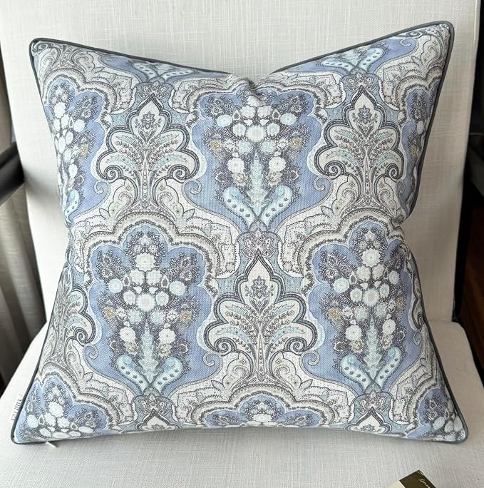 Paisley Medallion Print 20x20 Throw Pillow Cover, Blue | Blue paisley medallion on chambray slub, navy piping; both sides printed; hidden zip; cover only