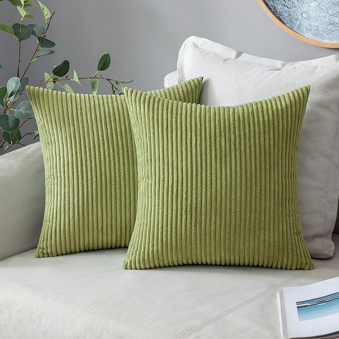 MIULEE Decorative Corduroy Throw Pillow Covers Set of 2 18x18 Grass Green | Soft Striped Textured Cushion Cases, Boho Natural Greenery Pillowcases for Home Decor, for Couch Chair Sofa Bed Living Room
