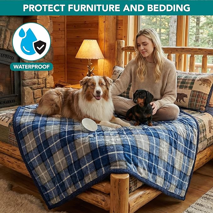 PetAmi Waterproof Dog Blanket for Large Dog Cat Pet, 60x80, Plaid Navy | 460 GSM Sherpa Fleece Reversible, Pee Proof, Furniture Protector Cover for Couch Sofa Bed Kennel, Washable, Extra Large