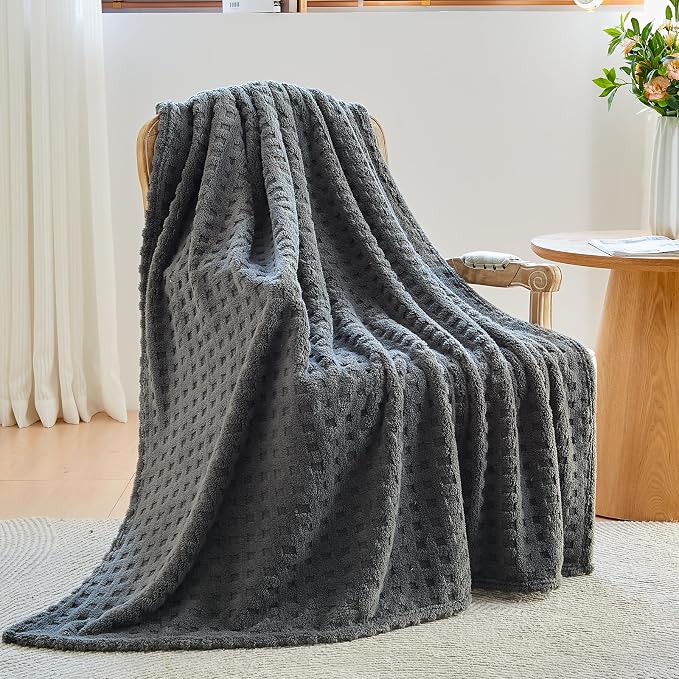 NEWCOSPLAY 3D Waffle Checkered Flannel Queen Blanket, Dark Grey, 90"x90" | Super Soft Cute Lightweight Decorative Premium Silky Fleece Blanket for Couch Sofa Bed, Gift for Women Men, All Season Use
