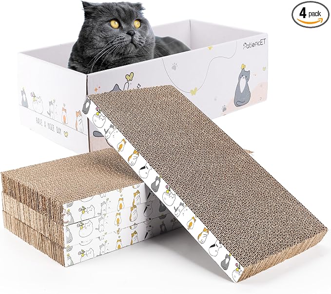 PatiencET Cat Scratch Pad with Box, 4 Pack Cardboard Scratcher Lounge Bed | For Indoor Cats, Reversible Corrugated Scratching Board Refill, With Catnip, Furniture Protector