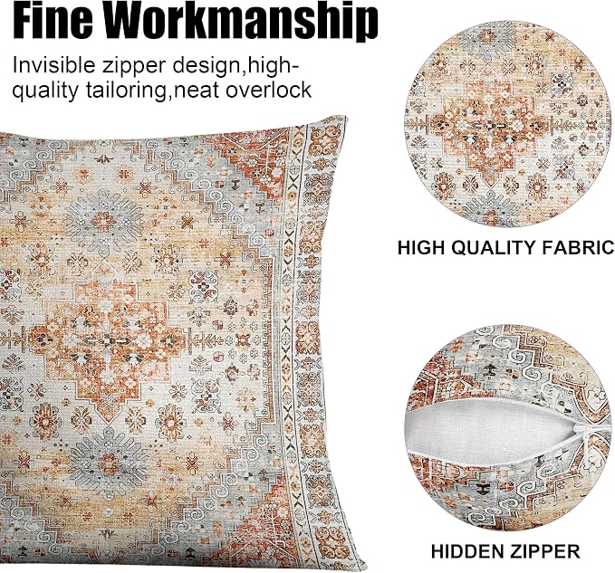 Boho Throw Pillow Covers 22x22 inch Set of 2,Soft Pillowcases Bohemia Carpet Printing Pattern Decorative Sofa Living Room Bed Square Pillow Case Cushion Cover-Orange Grey