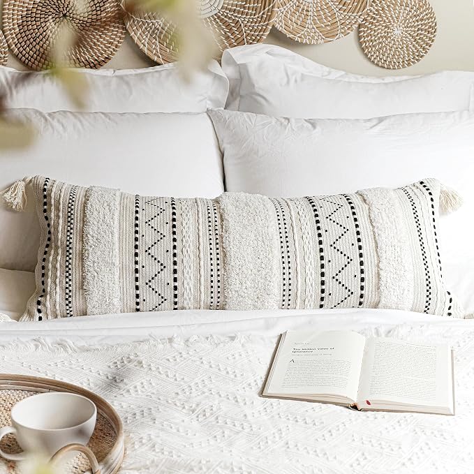 14x36 Lumbar Pillow Cover for Bed, Rectangular Long Decorative Throw Pillowcase, Boho Accent Cushion with Black Tufted Pattern and Tassels, Cream Neutral (Cover Only)