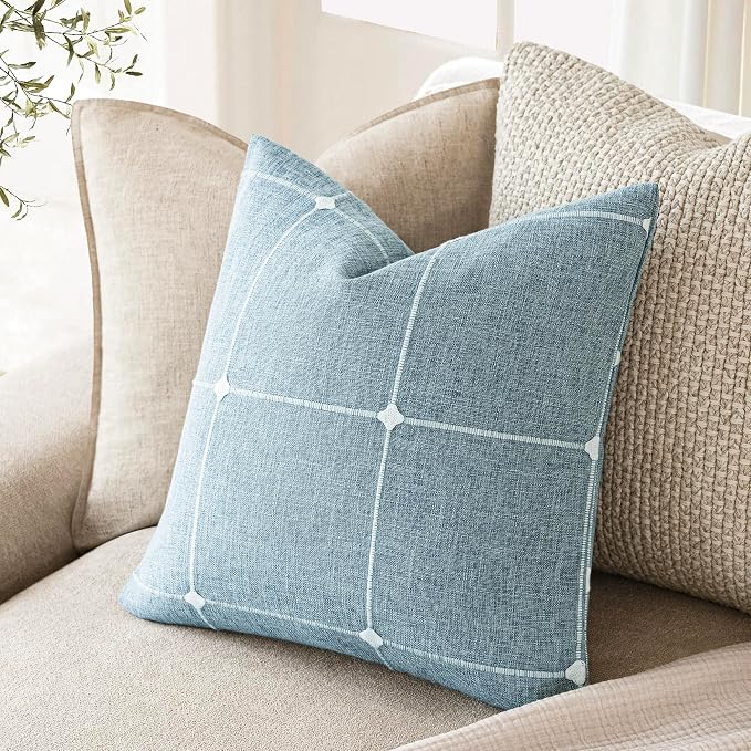 Foindtower Pack of 2 Decorative Faux Linen Jacquard Check Throw Pillow Covers Farmhouse Cushion Cover with Grid Textured Accent Pillowcase for Couch Sofa Living Room Home Decor,16×16 Inch,Light Blue