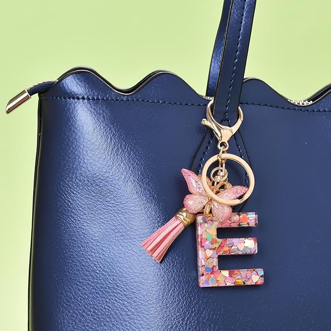 Fashion Alphabet Initial Letter Keychain Tassel Butterfly Pendant Key Ring for Purse Handbags Women Girl