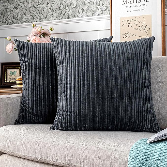 UGASA Corduroy Striped Soft Soild Decorative Square Throw Pillow Covers Set Cushion Cases Pillowcases for Sofa Bedroom, 2 Pcs, 24x24inch, Dark Grey
