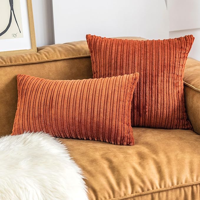 UGASA Fall Decor Super Soft Striped Corduroy Pillow Covers Large Throw Pillow Sham Cushion Cover Living Room, 2 Pcs, 16" x 16" (40cm), Burnt Brick