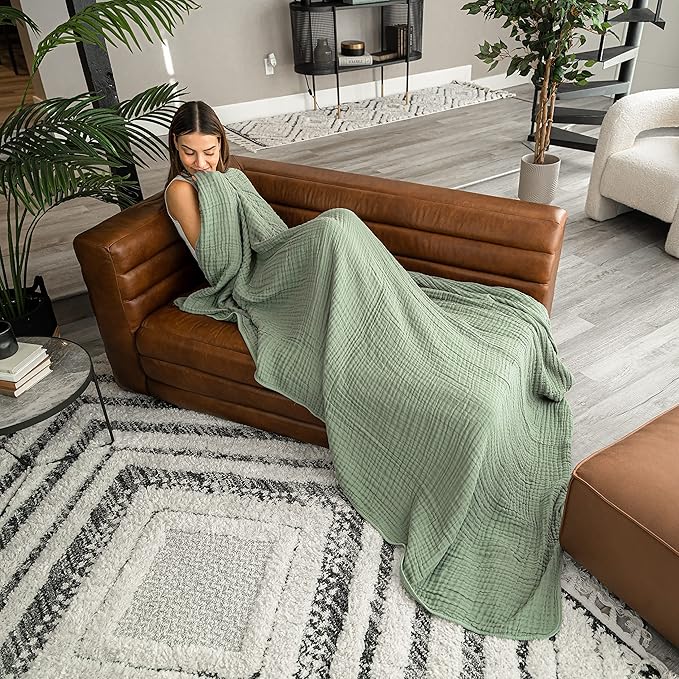 Comfy Cubs Adult Muslin Blanket 90x66” Twin Swaddle Blankets, Sage | 6 Layer Soft, Breathable & Lightweight Muslin Adult Blanket - Machine Washable & Designed in the US Bedding for All Seasons