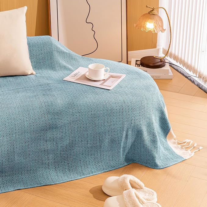 Peshtemania Premium Cotton Throw Blanket, 50x60 inches, Light Blue, Turkish Herringbone, Farmhouse Decor, Yoga Blanket, Picnic Blanket