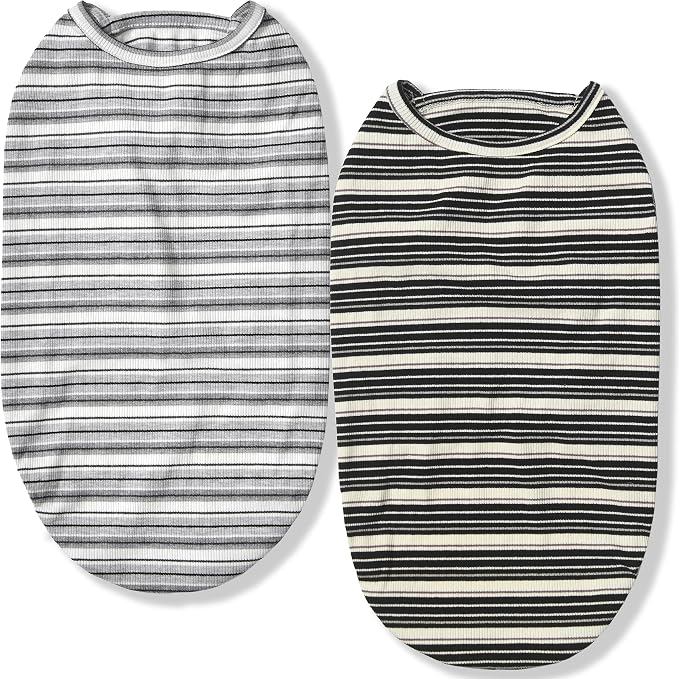 Dog Shirts Vest Cotton Striped T-Shirt, Sleeveless Stretchy Pet Clothes for Small Dogs, 2-Pack Soft Breathable Puppy Tank Top Cat Tee (Small, Black,Gray)