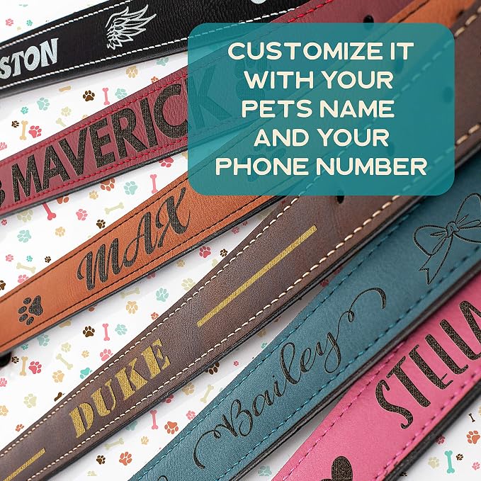 Personalized Leather Dog Collar | 3 Adjustable Sizes - 9 Icons with Your Pet's Name | Small - Rustic | - Safe&Secure Pet Collars with ID, Custom Text for Dogs and Puppy - Small Medium Large Puppies