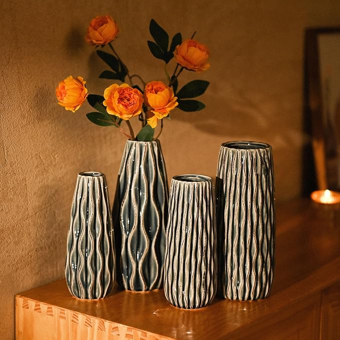 VICTOR & TERESA Ceramic Vase for Flowers, 8'' Set of 2 Decorative Vintage Blue Vases for Home Decor, Farmhouse Vases for Pampas Grass, Table, Mantel, Living Room, Shelf, Centerpieces, Gifts for Mom