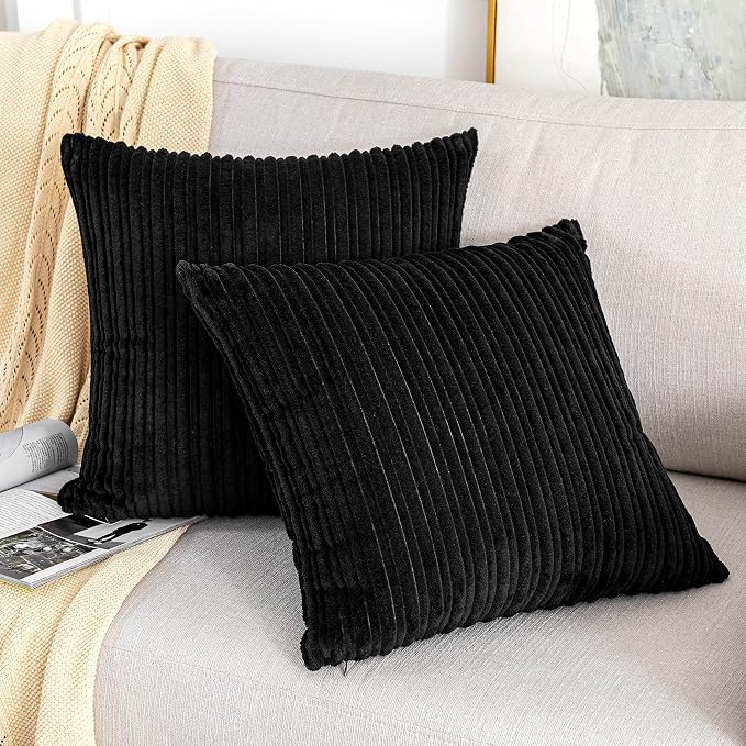 UGASA Corduroy Striped Soft Soild Decorative Square Throw Pillow Covers Set Cushion Cases Pillowcases for Sofa Bedroom, 1 Pc, 24x24inch, Black