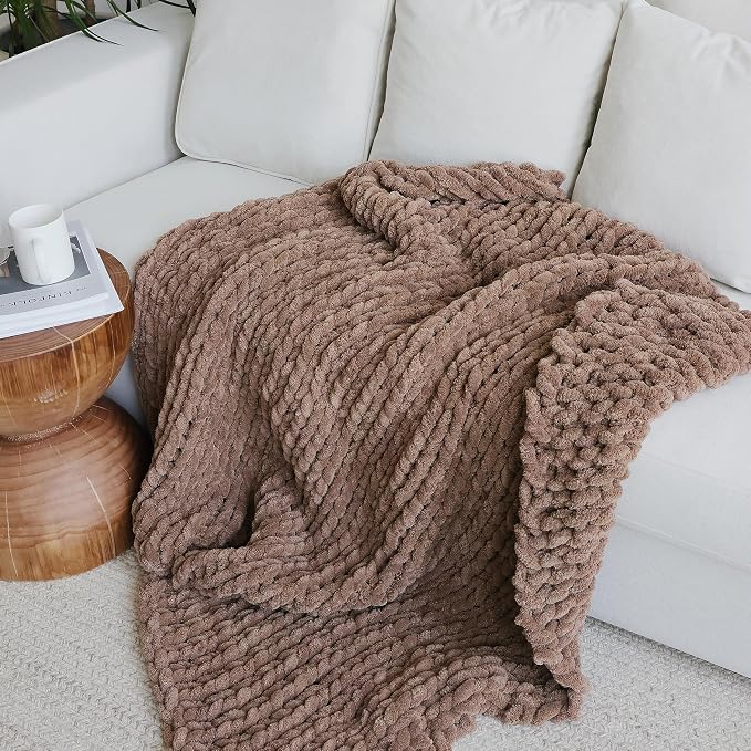 Maetoow Tighter Version Chenille Chunky Knit Blanket Throw,60×80,Brown