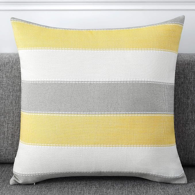 Pack of 2 Farmhouse Stripe Check Throw Pillow Covers Set Case Cotton Linen Decorative Pillowcases Cushion Cover for Couch Bench Sofa 18x18Inch Yellow Beige