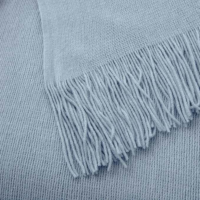 Vonty Light Blue Knitted Throw Blanket with Tassels Fringe, 60x80 Acrylic | Super Soft And Lightweight, Year-Round Cozy Warmth, Farmhouse Decorative Style, Machine Washable, for Couch, Sofa or Bed