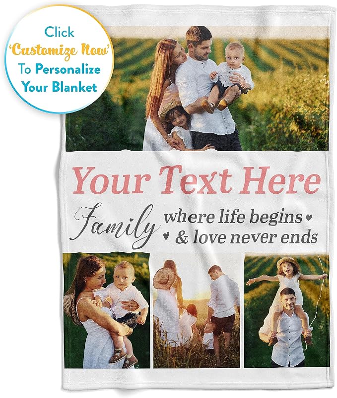 Personalized Photo & Text Blanket, Custom Picture Fleece Throw (4-Pic) | Printed in USA, ships next day, add 1-9 photos & custom text, fleece or sherpa, family keepsake gift, cozy home decor