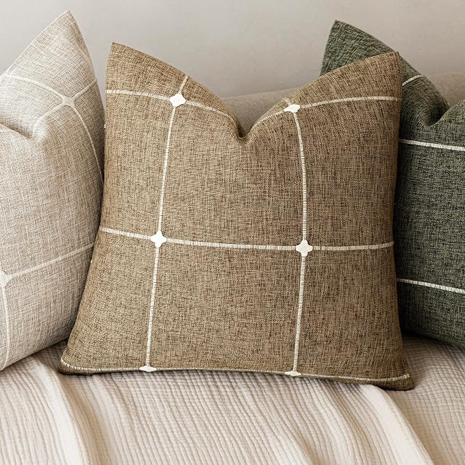 Foindtower Pack of 2 Decorative Faux Linen Jacquard Check Throw Pillow Covers Farmhouse Cushion Cover with Grid Textured Accent Pillowcase for Couch Sofa Living Room Home Decor,22×22 Inch,Tan Khaki
