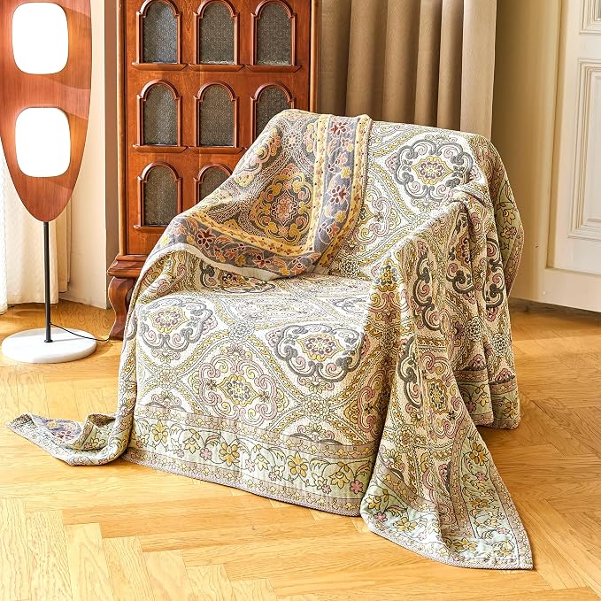 VANJOROY Boho Throw Blanket, 100% Organic Cotton Breathable Ultra Soft 91" x 108" King Bed Quilt Throw - All Season Floral Rustic Farmhouse Decor Luxury Blanket for Sofa Couch Chair and Gift